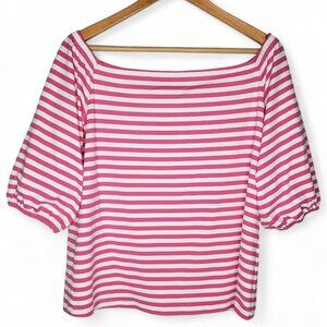 J. McLaughlin Top Women's Pink Striped Off The Shoulder Puff Sleeve Stretchy L